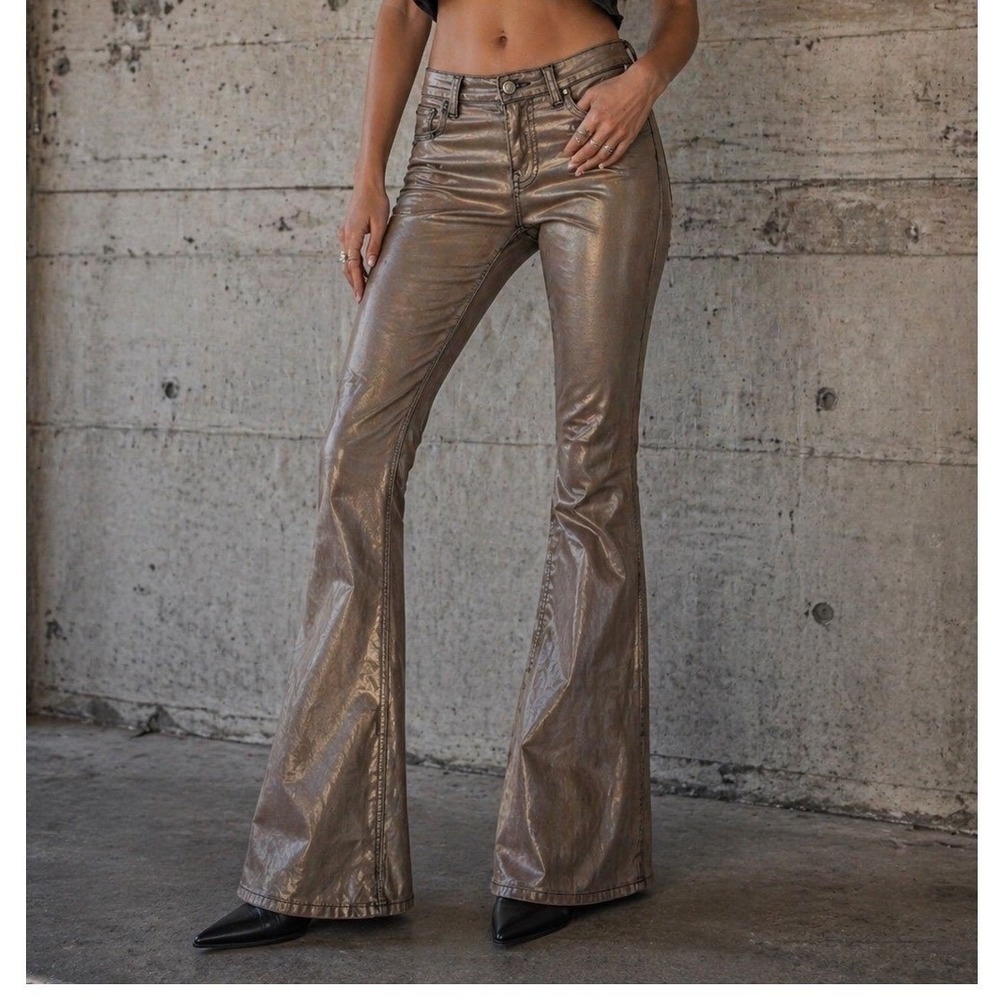 Rock and‎ Roll Denim Flare Jeans 25  Gold Metallic High Rise glam Rock festival